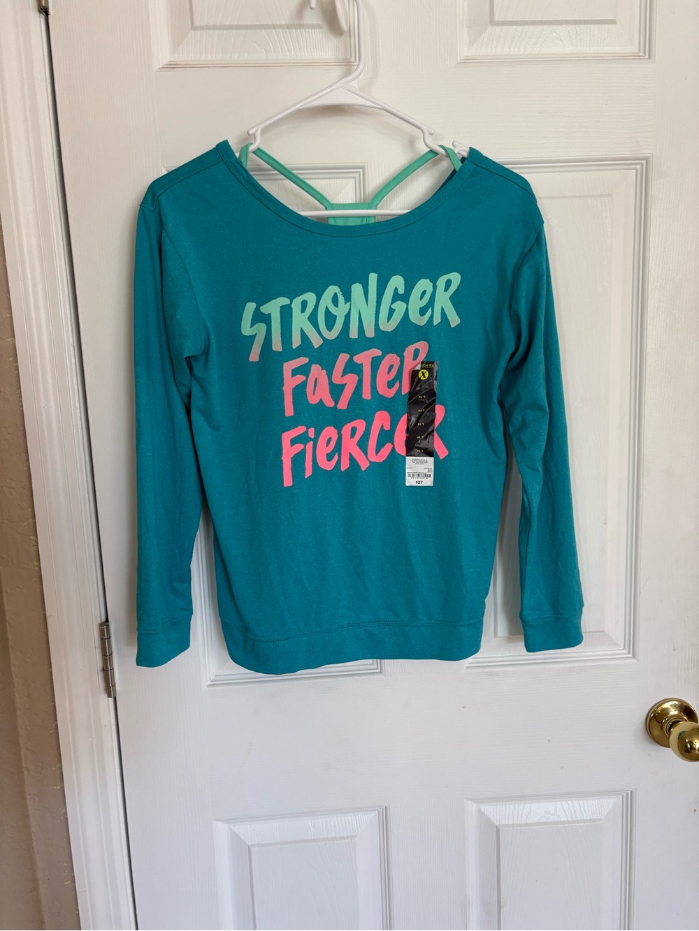 Xersion Girls L 14 Teal Stronger Faster Fiercer Athletic Top NWT